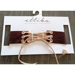 Ettika Los Angeles Brown Velvet Beige Suede Gold Tone Choker Necklace New
